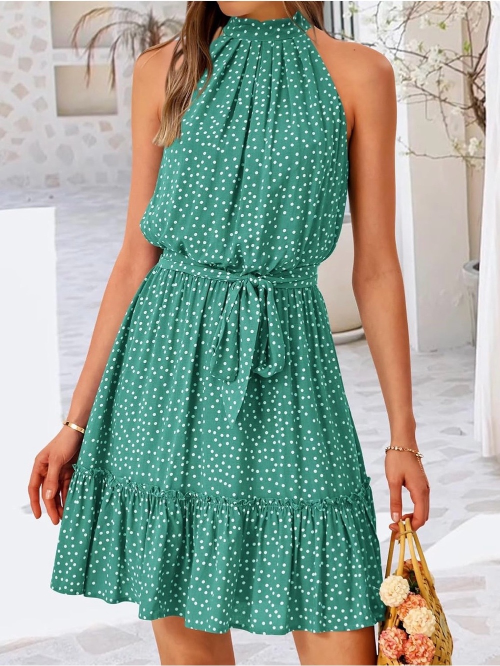 Sleeveless Green Polka Dot Halter Mini Dress with Tie Waist